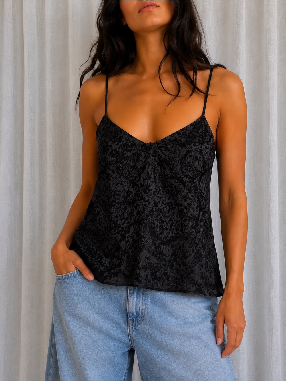 Vintage 90s Y2K Black Satin Jacquard Floral‎ Sleeveless Cami Coquette Dainty